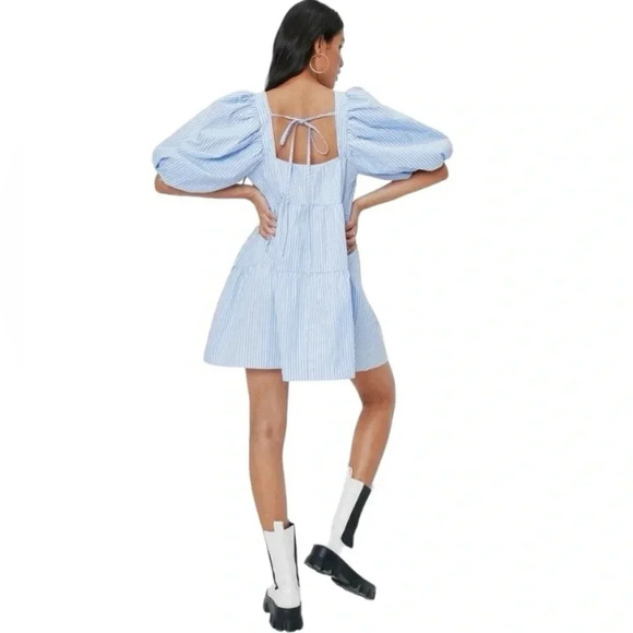 NASTY GAL | Striped Blue/White Puff Sleeve Oversized Mini Shift Dress Size 4 - Picture 4 of 9